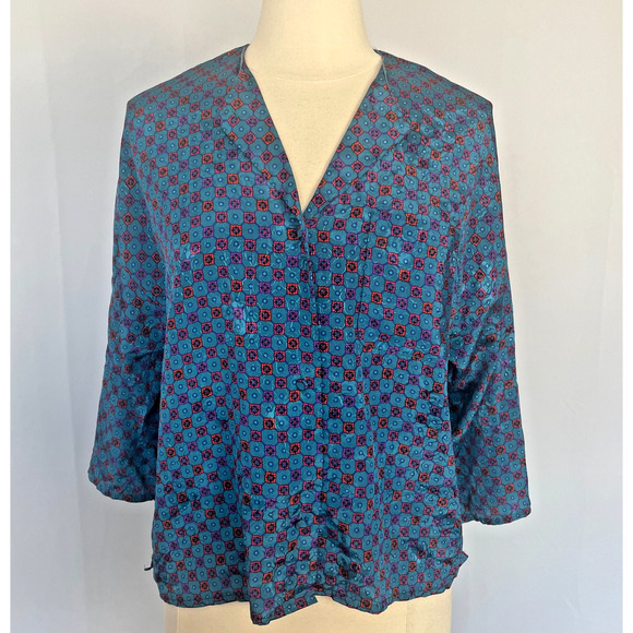Vintage Blouse Top Size Small Blue Red Scarf Print Satin Long Sleeve Secretary - Picture 1 of 15